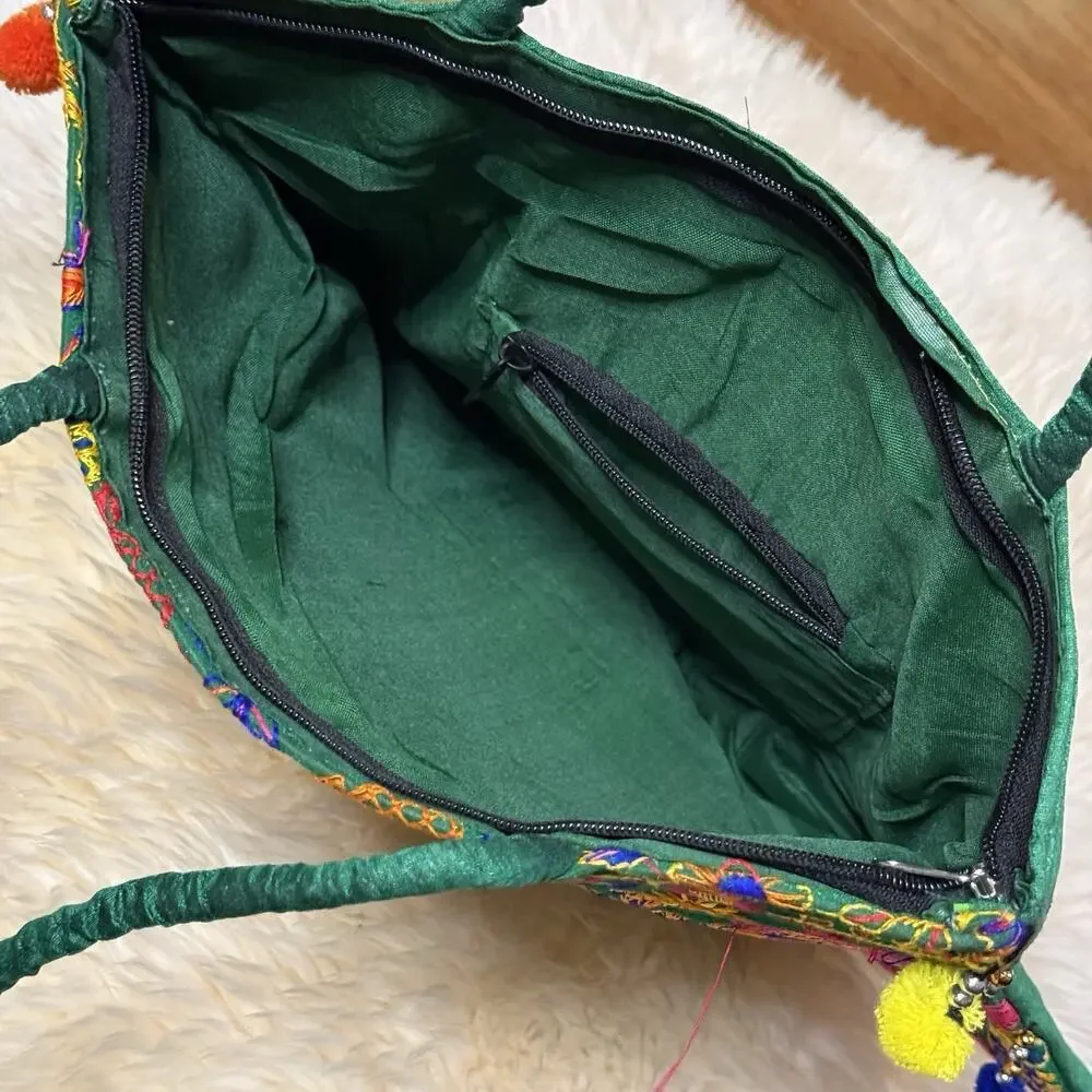 Artisan Boho Colorful Embroidered Silk Felted Floral Paisley Tote Shopping Bag